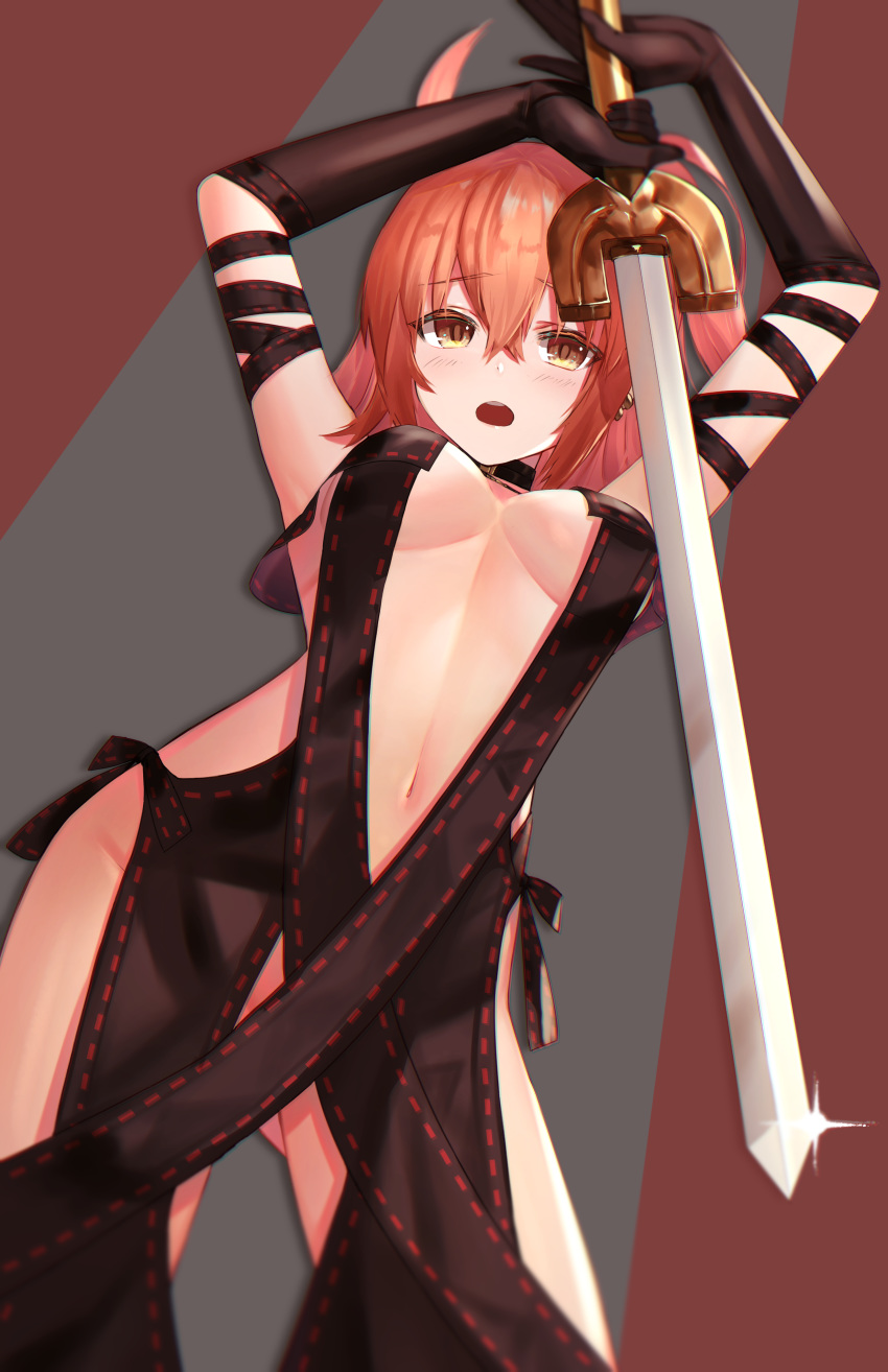 absurdres ahoge armpits arms_up bare_shoulders black_dress black_gloves blush breasts brown_background center_opening cosplay dolce_(dolsuke) dress elbow_gloves fate/grand_order fate_(series) female fujimaru_ritsuka_(female) gloves grey_background hair_between_eyes highres looking_at_viewer medium_breasts navel one_side_up open_mouth orange_eyes orange_hair pinstripe_pattern revealing_clothes ribbon-trimmed_dress short_hair solo strapless strapless_dress striped sword thighs two-tone_background underboob weapon yu_mei-ren_(fate) yu_mei-ren_(fate)_(cosplay)