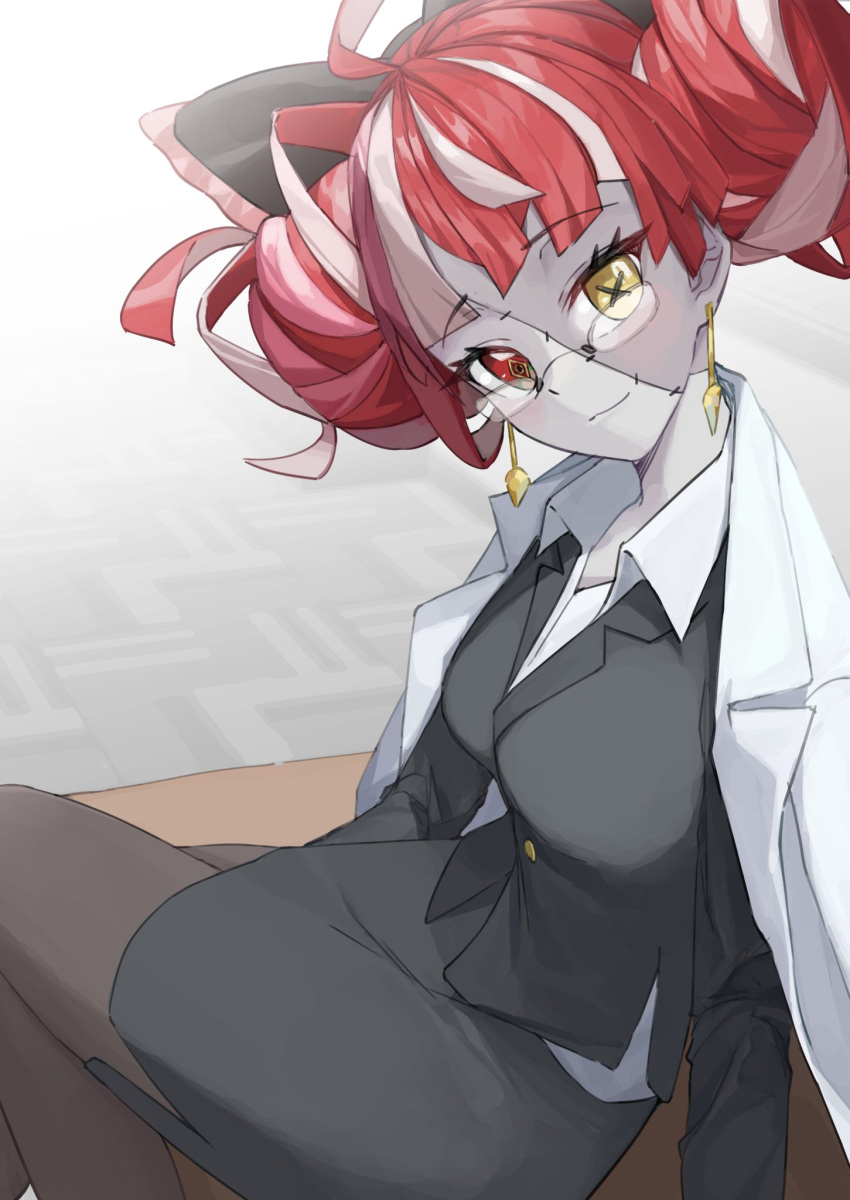 ahoge alternate_costume bad_id bad_twitter_id black_bow blouse bow desk double_bun earrings female formal glasses grey_hair hair_bun hairbow heterochromia highres hololive hololive_indonesia jacket jacket_on_shoulders jewelry kureiji_ollie leggings looking_at_viewer multicolored_hair pencil_skirt raeis red_eyes red_hair school_desk shirt skirt skirt_suit solo stitched_face stitches suit virtual_youtuber yellow_eyes zombie