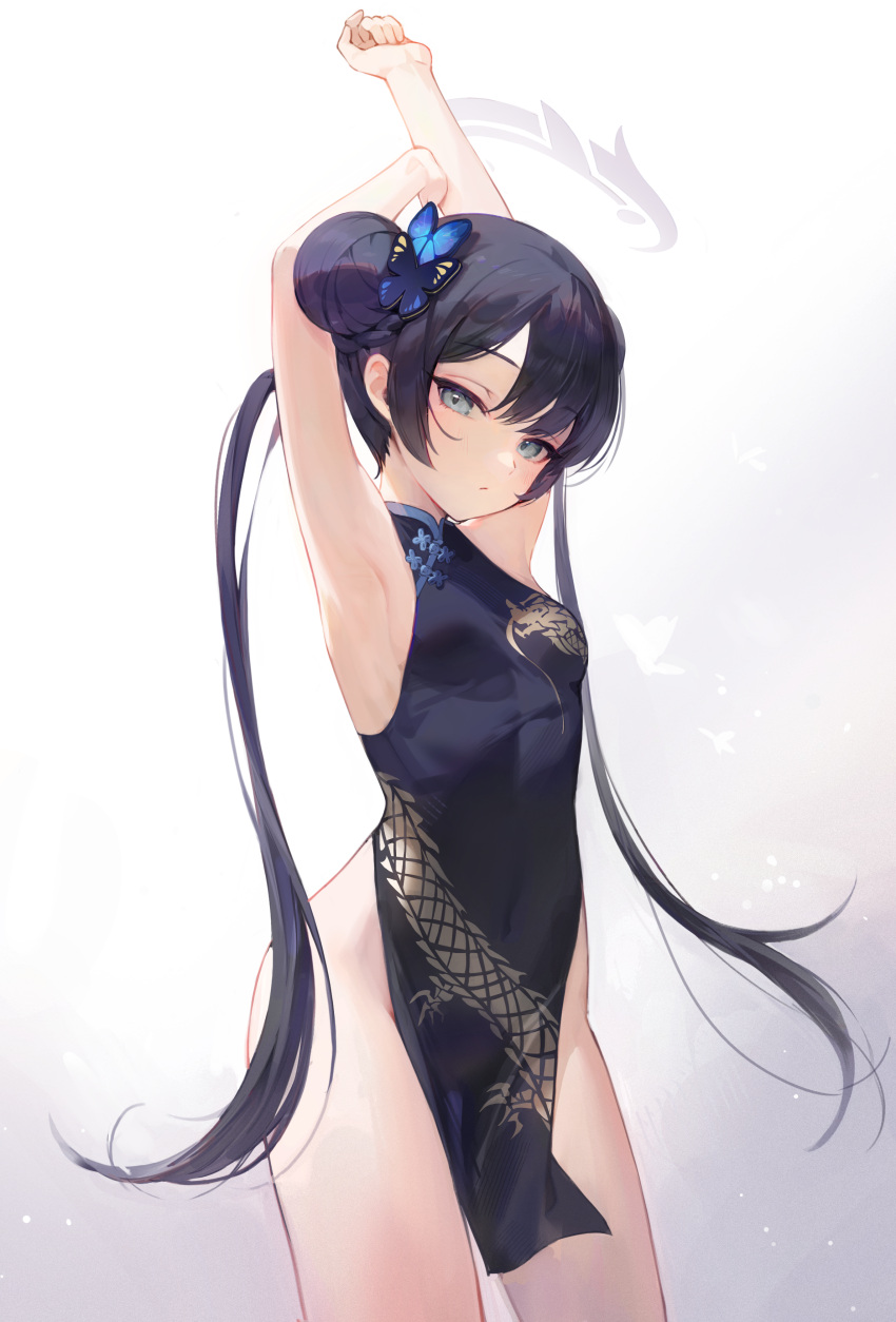 absurdres armpits arms_up black_dress black_hair blue_archive breasts china_dress chinese_clothes closed_mouth covered_navel cowboy_shot double_bun dragon_print dress expressionless female grey_eyes hair_bun hansum highres kisaki_(blue_archive) long_hair looking_at_viewer open_mouth pelvic_curtain print_dress simple_background sleeveless sleeveless_dress small_breasts solo stretching thighs very_long_hair white_background