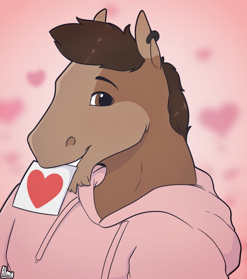 absurd_res almy anthro brick_heartstone clothed clothing digital_media_(artwork) ear_piercing equid equine heart_symbol hi_res hoodie horse male mammal note piercing simple_background solo topwear watermark