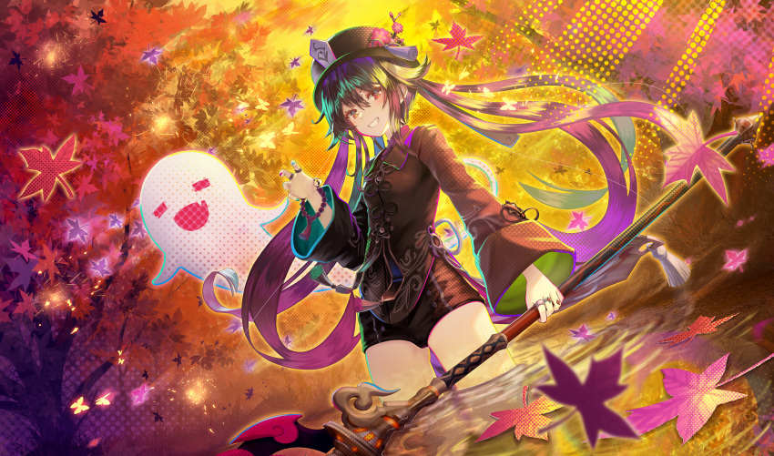 bad_id bad_pixiv_id bead_bracelet beads boo_tao_(genshin_impact) bracelet breasts brown_coat brown_hair chinese_clothes claw_pose coat coattails commentary_request female flower flower-shaped_pupils genshin_impact ghost grin hair_between_eyes halftone hand_up hat highres holding holding_staff hu_tao_(genshin_impact) jewelry leaf long_hair long_sleeves maple_leaf multicolored_nails multiple_rings nail_polish pink_flower plum_blossoms porkpie_hat red_eyes ring shorts small_breasts smile solo staff staff_of_homa_(genshin_impact) symbol-shaped_pupils tanaka_ken'ichi tassel tree twintails v-shaped_eyebrows wading wide_sleeves