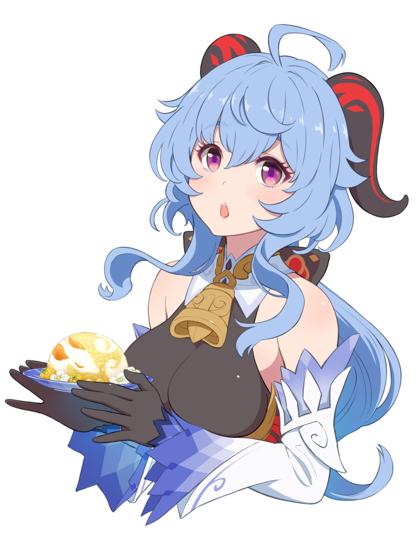 absurdres ahoge bare_shoulders bell black_gloves blue_hair blush bow breasts chestnut_mouth detached_sleeves female food ganyu_(genshin_impact) genshin_impact gloves gold_trim highres holding holding_food horns long_hair looking_at_viewer low_ponytail medium_breasts neck_bell prosperous_peace_(genshin_impact) purple_eyes sidelocks solo upper_body warabi_yuuzou white_background white_sleeves