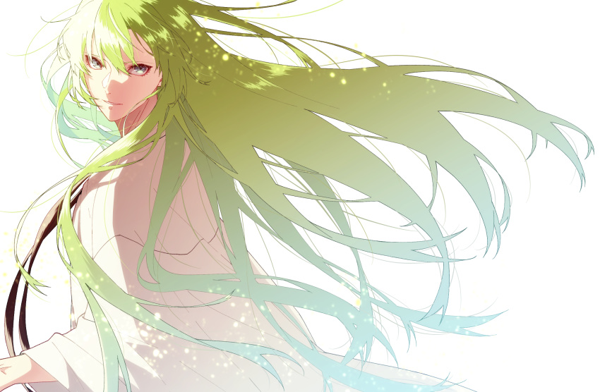 1boy androgynous commentary enkidu_(fate) fate/strange_fake fate_(series) floating_hair from_side fuka_(hk_nemo) green_eyes green_hair highres long_hair looking_at_viewer looking_to_the_side male_focus parted_lips robe simple_background smile solo sparkle upper_body very_long_hair white_background wind