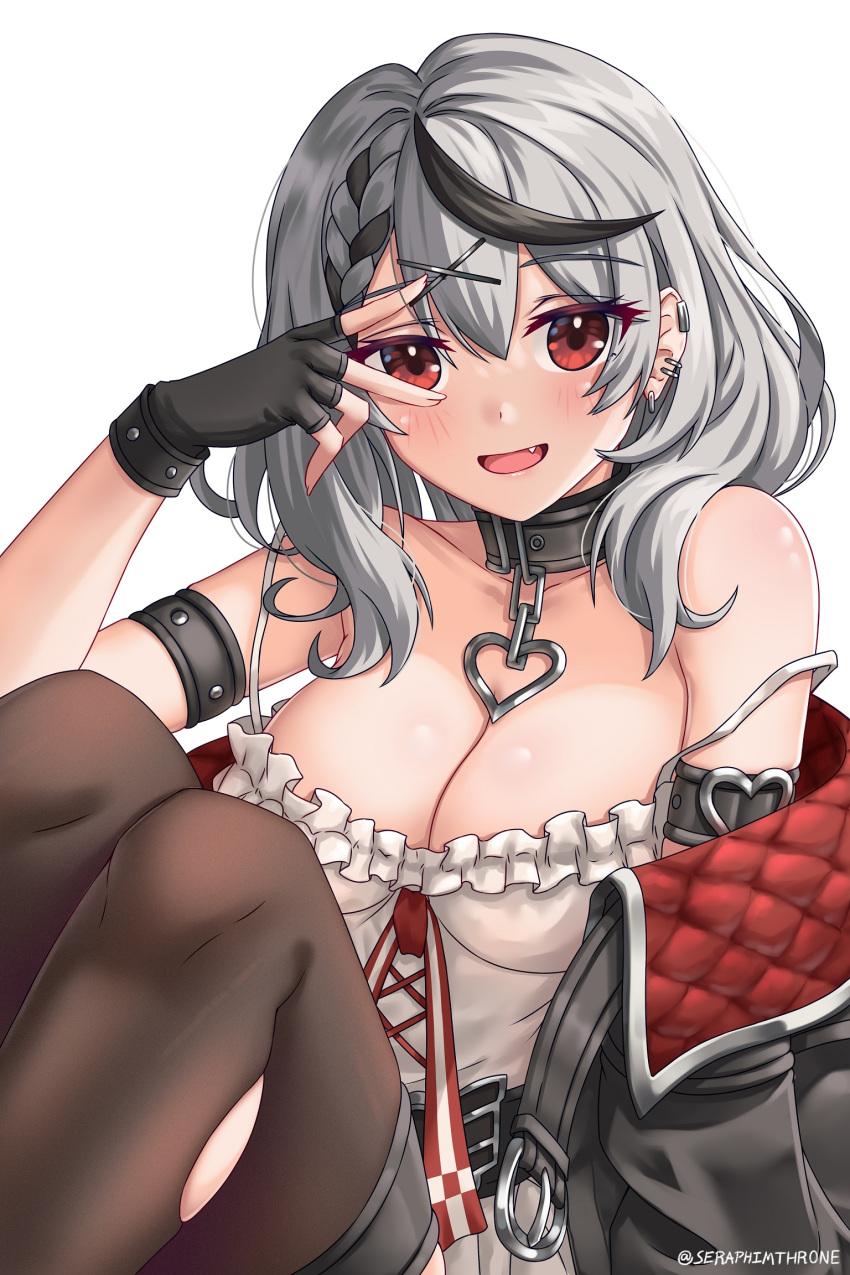 arm_strap black_gloves black_hair black_jacket breasts brown_thighhighs choker cleavage ear_piercing female fingerless_gloves gloves grey_hair hair_ornament heart heart_choker highres hololive jacket knees_up large_breasts looking_at_viewer medium_hair multicolored_hair oerba_yun_fang open_mouth piercing red_eyes sakamata_chloe sakamata_chloe_(1st_costume) seraphim_throne sitting solo streaked_hair thighhighs torn_clothes torn_thighhighs virtual_youtuber x_hair_ornament