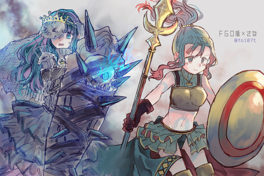 2girls adapted_costume aqua_hair aqua_skirt armor bangs_pinned_back beads black_panties blunt_bangs blush boots breastplate brown_gloves character_request closed_mouth crop_top crown crown_necklace dual_persona fate/grand_order fate_(series) fleur-de-lis futaba_sana gloves glowing glowing_eye gradient_hair grey_skirt grey_sweater hair_beads hair_down hair_ornament holding holding_shield jewelry long_hair long_skirt looking_ahead looking_at_viewer magia_record:_mahou_shoujo_madoka_magica_gaiden mahou_shoujo_madoka_magica mask medium_hair miniskirt multicolored_hair multiple_girls navel necklace open_mouth orange_hair panties ponytail ribbed_sweater shield showgirl_skirt sidelocks skirt skull_mask sleeveless sleeveless_turtleneck sweat sweater tearing_up thigh_boots totte turtleneck turtleneck_sweater underwear v-shaped_eyebrows veil waist_cape wavy_mouth