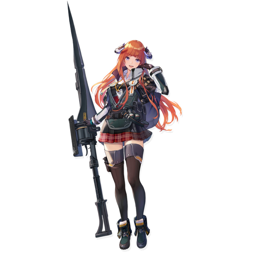 :d ankle_boots arknights bagpipe_(arknights) black_footwear black_gloves black_thighhighs boots female full_body gloves grey_jacket gunlance hand_up head_tilt highres horns jacket lance long_hair long_sleeves looking_at_viewer miniskirt official_art open_mouth orange_hair plaid plaid_skirt polearm pouch purple_eyes red_skirt skirt smile solo standing tachi-e thighhighs transparent_background u_jie very_long_hair weapon zettai_ryouiki