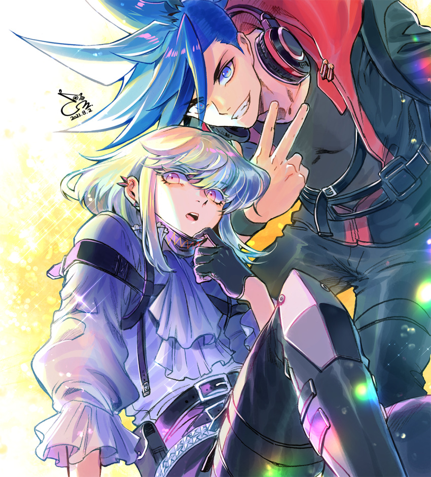 2boys ascot bae_(baebae) blue_eyes blue_hair eyes_visible_through_hair galo_thymos green_hair grin headphones headphones_around_neck highres hood hoodie lio_fotia male_focus mask mask_pull mouth_mask multiple_boys promare purple_eyes smile v