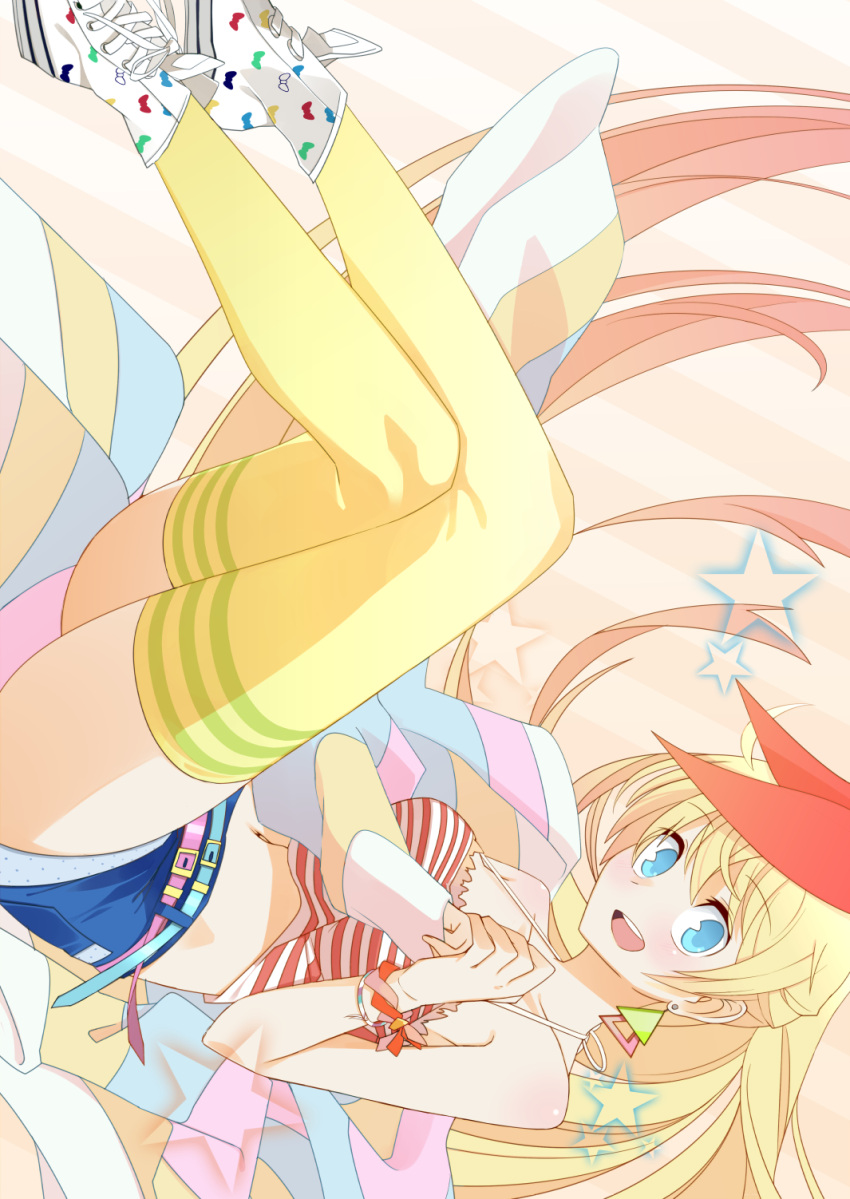 :d armpits blonde_hair blue_eyes blue_shorts blush bracelet female full_body hair_ribbon halterneck highres jacket jewelry kirisaki_chitoge long_hair long_legs looking_at_viewer midriff navel nisekoi open_mouth ribbon shoes short_shorts shorts sleeveless smile solo thighhighs total9 yellow_thighhighs