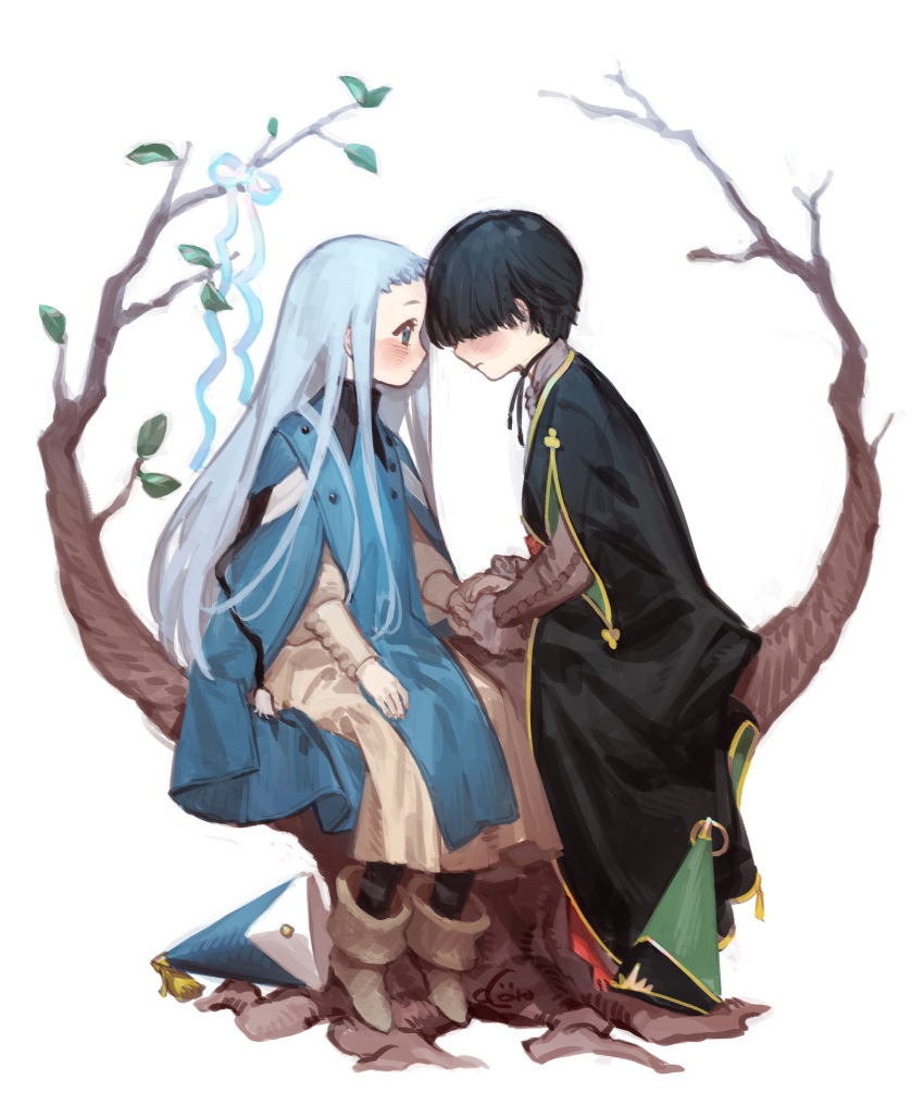 1boy bad_id bad_pixiv_id black_hair blue_eyes blue_hair blush commentary couple cr_(coro_kun) eunie_(tongari_boushi_no_atelier) female forehead-to-forehead gloves hair_over_eyes hat heads_together highres holding_hands in_tree long_hair looking_at_another qifrey's_atelier_apprentice_uniform riche_(tongari_boushi_no_atelier) robe sitting sitting_in_tree straight tongari_boushi_no_atelier tree unworn_hat unworn_headwear