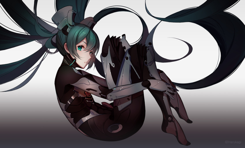 commentary_request cyborg eyelashes female floating_hair from_side full_body gradient_background green_eyes green_hair harukagi hatsune_miku headgear hugging_own_legs long_hair looking_at_viewer partial_commentary profile science_fiction solo twintails very_long_hair vocaloid