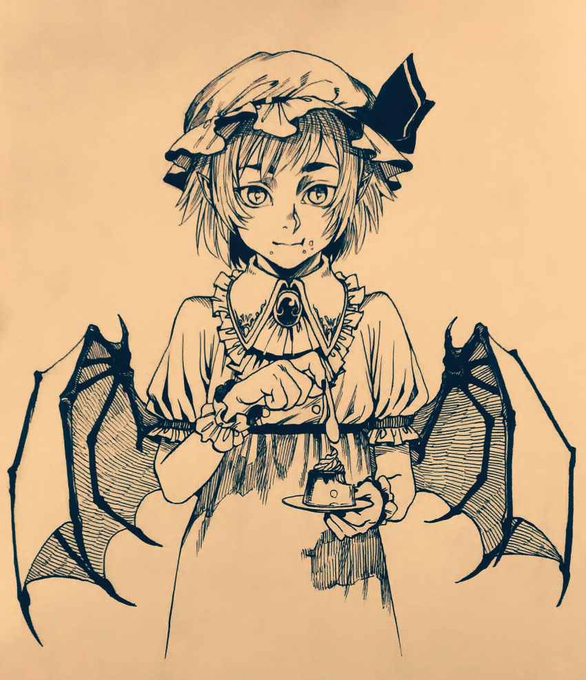 bat_wings brooch commentary cuffs dress eating eyebrows_hidden_by_hair female food frilled_dress frills graphite_(medium) hat hat_ribbon highres jewelry mob_cap monochrome plate pointy_ears pudding remilia_scarlet ribbon sendai_(nazonomono) slit_pupils solo spoon thick_eyebrows touhou traditional_media wings