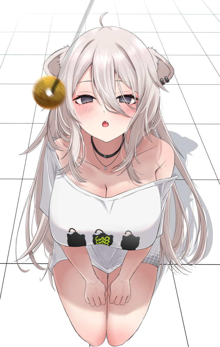 :o @_@ ahoge animal_ears bare_shoulders black_choker blush breasts choker cleavage coin coin_on_string collarbone commentary_request ear_piercing female full_body grey_eyes grey_hair hair_between_eyes hands_on_own_thighs highres holed_coin hololive jewelry large_breasts lion_ears lion_girl long_hair necklace nerorigogo oerba_yun_fang off_shoulder open_mouth pendulum piercing seiza shirt shishiro_botan shishiro_botan_(casual) sidelocks sitting solo t-shirt tile_floor tiles virtual_youtuber white_shirt