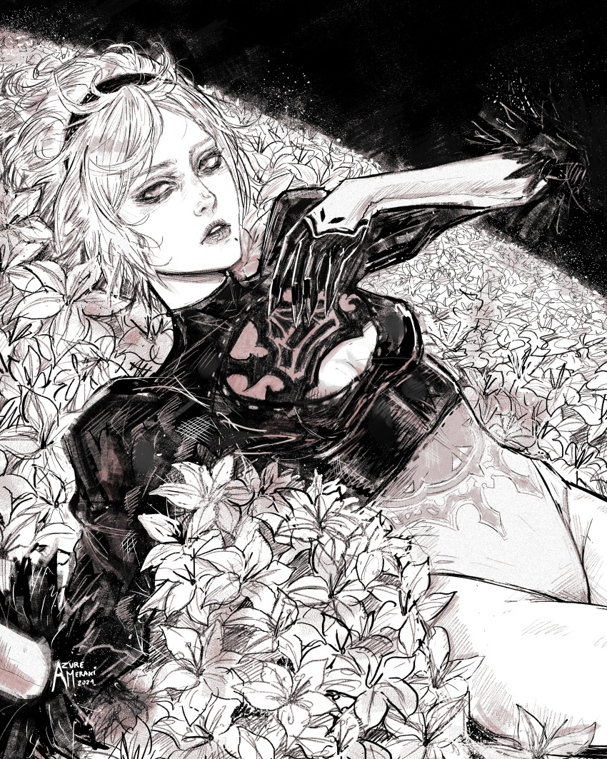 2b_(nier:automata) absurdres azure_meraki breasts cleavage cleavage_cutout clothing_cutout dated female field flower flower_field gloves greyscale hairband hand_up highleg highleg_leotard highres leotard long_sleeves looking_at_viewer lying making-of_available medium_breasts medium_hair mole mole_under_mouth monochrome nier:automata nier_(series) no_blindfold on_back parted_lips signature solo