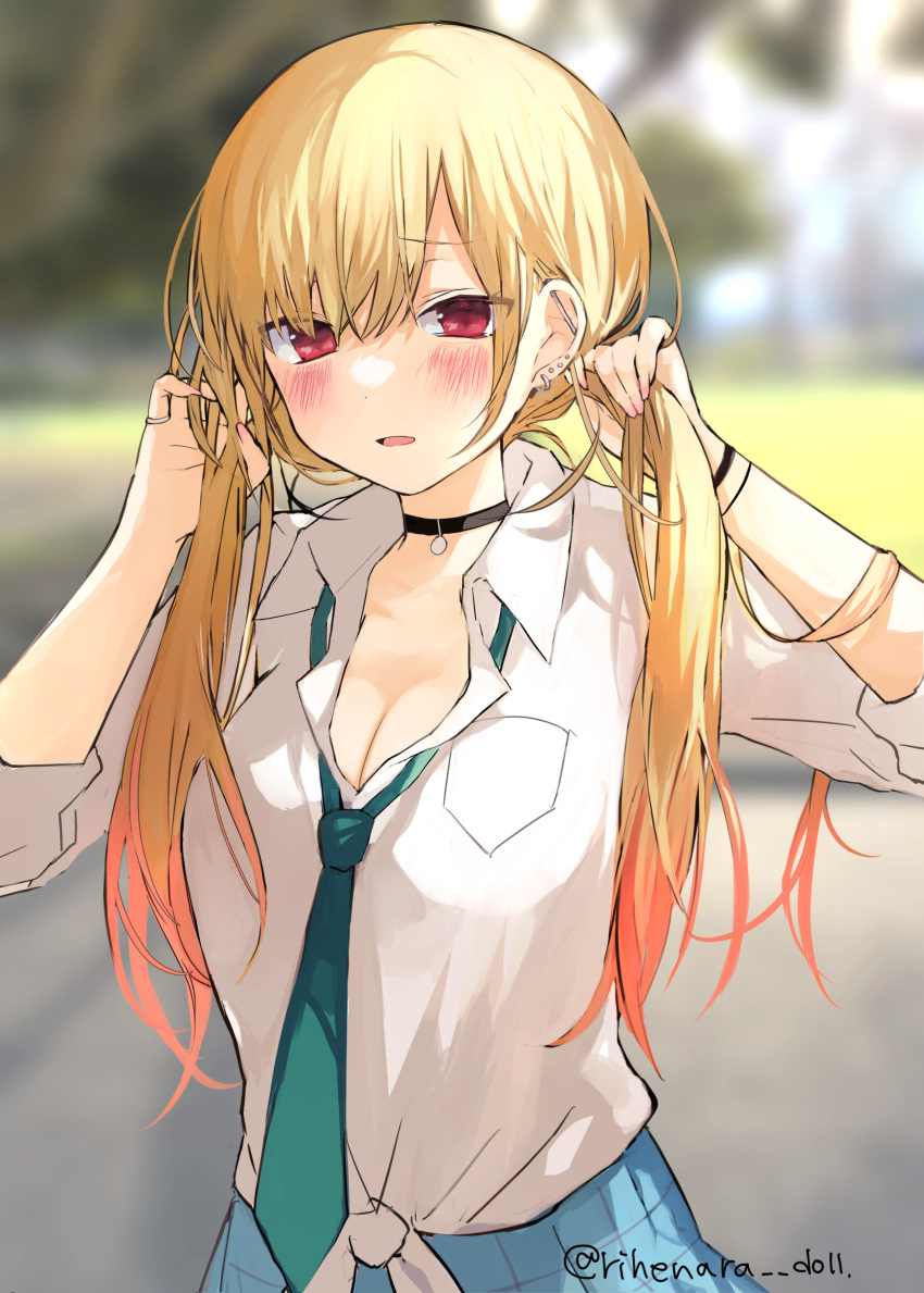 absurdres black_choker blonde_hair blue_skirt blurry blurry_background blush breasts choker cleavage commentary_request ear_piercing earrings female green_necktie highres jewelry kitagawa_marin long_hair looking_at_viewer low_twintails medium_breasts necktie piercing red_eyes school_uniform shirt skirt solo sono_bisque_doll_wa_koi_wo_suru tied_shirt twintails twitter_username white_shirt yukari_(rihenara_doll)