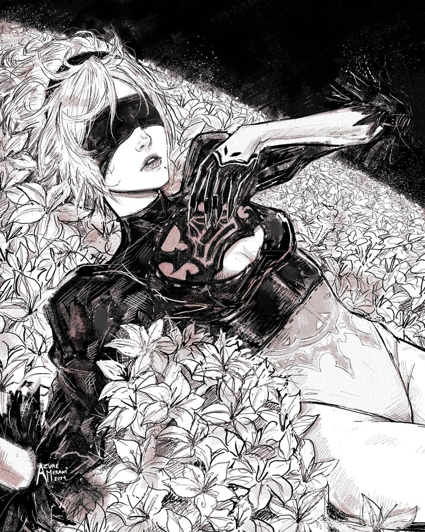 2b_(nier:automata) azure_meraki blindfold breasts cleavage cleavage_cutout clothing_cutout covered_eyes dated female field flower flower_field gloves greyscale hairband hand_up highleg highleg_leotard highres leotard long_sleeves lying making-of_available medium_breasts medium_hair mole mole_under_mouth monochrome nier:automata nier_(series) on_back parted_lips signature solo