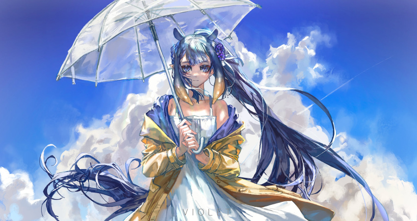 absurdres black_hair blunt_bangs cloud commentary female flat_chest floating_hair flower gradient_hair hair_flower hair_ornament highres holding holding_umbrella hololive hololive_english jacket long_hair multicolored_hair ninomae_ina'nis off_shoulder official_alternate_hairstyle orange_hair pointy_ears ponytail purple_flower quasarcake sidelocks sky smile solo tentacle_hair transparent transparent_umbrella umbrella very_long_hair violet_(ninomae_ina'nis) virtual_youtuber yellow_jacket