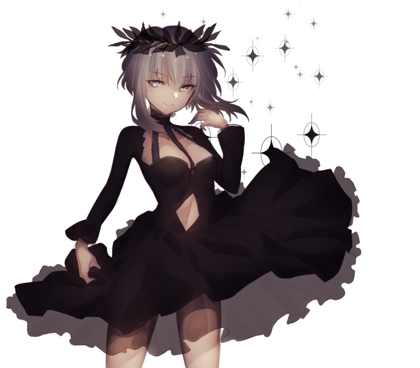 am_isuel black_dress blue_eyes clothing_cutout dress female laurel_crown long_sleeves navel navel_cutout rance_(series) rance_quest rance_quest_magnum short_hair short_hair_with_long_locks sidelocks sideways_glance simple_background smile solo sparkle white_background white_hair yononaka