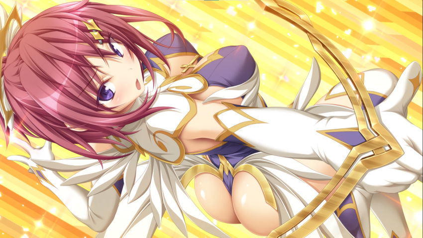 ass blue_eyes blush breasts cross elbow_gloves female game_cg gloves hair_ornament hairclip koku large_breasts leotard levi_(realive) non-web_source official_art open_mouth outstretched_arm photoshop_(medium) realive red_hair short_hair solo sparkle_background yellow_background