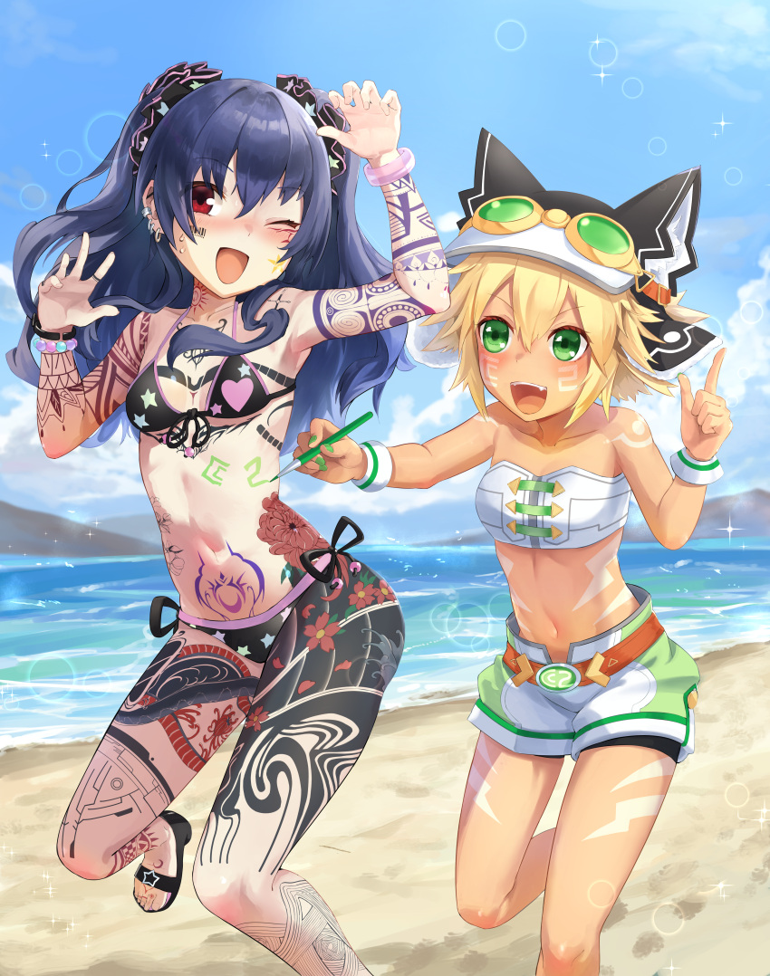 2girls absurdres animal_ears bangle barcode barcode_tattoo beach bikini black_hair blonde_hair blush body_markings bracelet breasts claw_pose cloud commentary commission cyberconnect2 dark-skinned_female dark_skin day drawing ear_piercing earrings english_commentary facial_mark green_eyes green_nails hair_between_eyes hair_ornament hair_scrunchie hat highres holding index_finger_raised jewelry leg_up long_hair midriff multiple_girls nail_polish navel neptune_(series) ocean omeletricetaro3 open_mouth outdoors piercing pixiv_commission pubic_tattoo red_eyes running sandals scrunchie short_hair shorts side-tie_bikini_bottom small_breasts smile swimsuit tattoo teeth twintails uni_(neptunia) upper_teeth_only wrist_cuffs