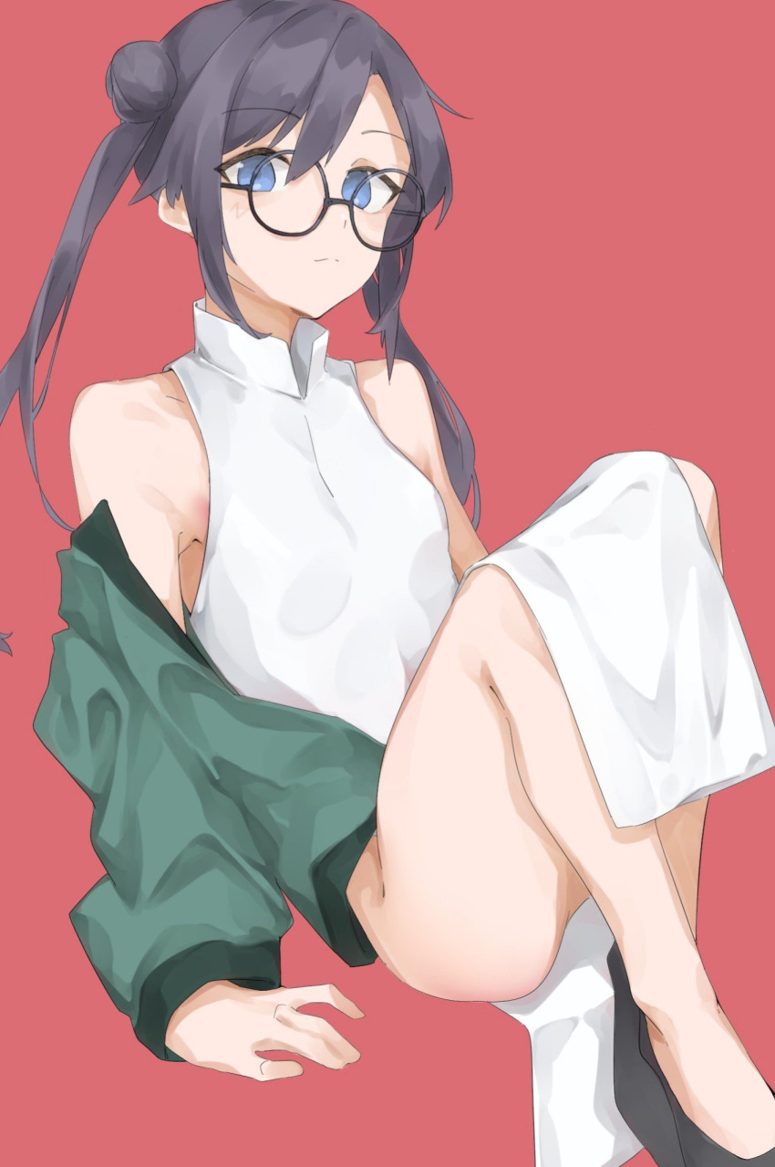 asymmetrical_bangs black_footwear black_hair blue_eyes china_dress chinese_clothes double_bun dress female glasses green_jacket hair_bun highres idolmaster idolmaster_shiny_colors jacket knees_up long_sleeves mandarin_collar mitanai34 mitsumine_yuika no_panties open_collar red_background sitting sleeveless solo sunfromwe twintails vietnamese_dress white_dress