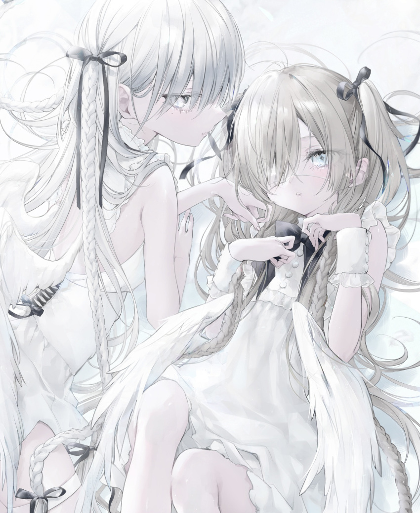 2girls angel angel_wings backless_dress backless_outfit black_bow black_bowtie black_ribbon blue_eyes bow bowtie character_request commentary_request dress eshi_100_nin_ten eyepatch eyes_visible_through_hair feet_out_of_frame hair_over_one_eye hair_ribbon hair_spread_out highres light_brown_hair long_braid long_hair looking_at_viewer lying mashiro_shiki medical_eyepatch multiple_girls on_back on_stomach ribbon sleeveless sleeveless_dress twintails very_long_hair white_dress white_eyes white_hair white_theme white_wings white_wrist_cuffs wings wrist_cuffs