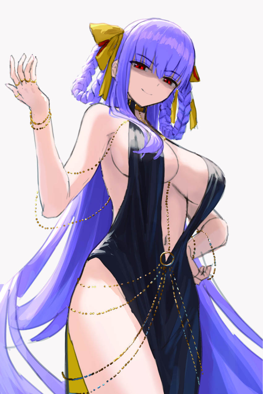 bare_shoulders bb_(fate) bb_dubai_(fate) black_dress braided_hair_rings breasts center_opening chains closed_mouth cocktail_dress dress fate/grand_order fate_(series) female from_below gold_chain grey_background highres kamo_ashi large_breasts long_hair looking_at_viewer partially_shaded_face purple_eyes red_eyes sideboob smile solo thighs very_long_hair