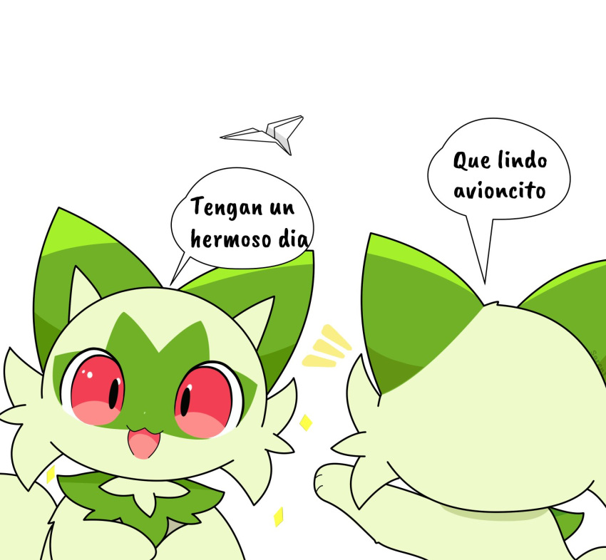 ambiguous_gender feral fur generation_9_pokemon green_body green_fur hi_res meme nintendo paper_airplane papercraft pokemon pokemon_(species) red_eyes sarent_stuff simple_background solo sprigatito white_background