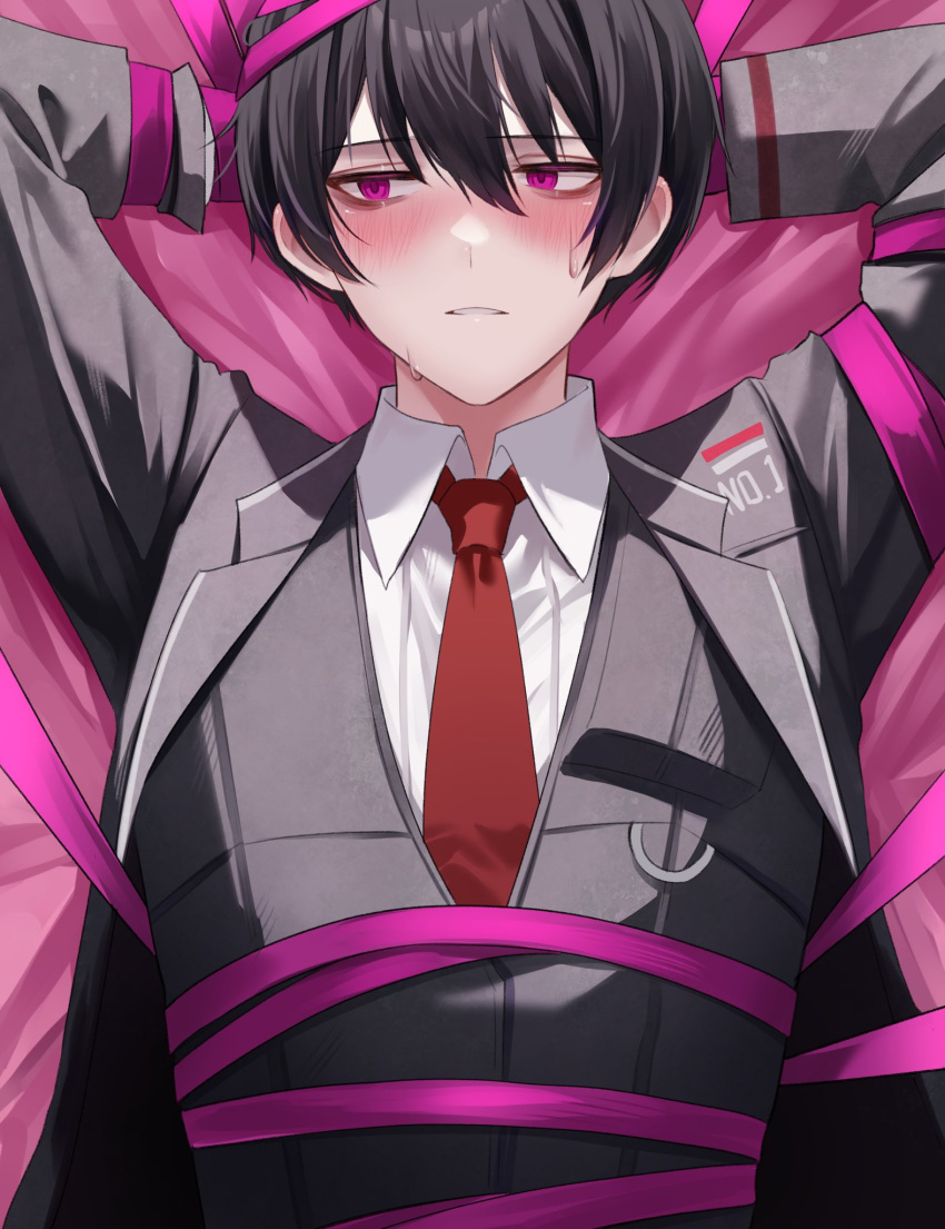 1boy arms_up bed_sheet black_hair black_vest blush collared_shirt e.g.o_(project_moon) highres lapels limbus_company looking_to_the_side lying male_focus necktie notched_lapels on_back parted_lips pink_background pink_ribbon pouch project_moon red_necktie ribbon roseate_desire_(e.g.o) shirt sohdvh_khos_ph solo sweat upper_body vest white_shirt yi_sang_(project_moon)