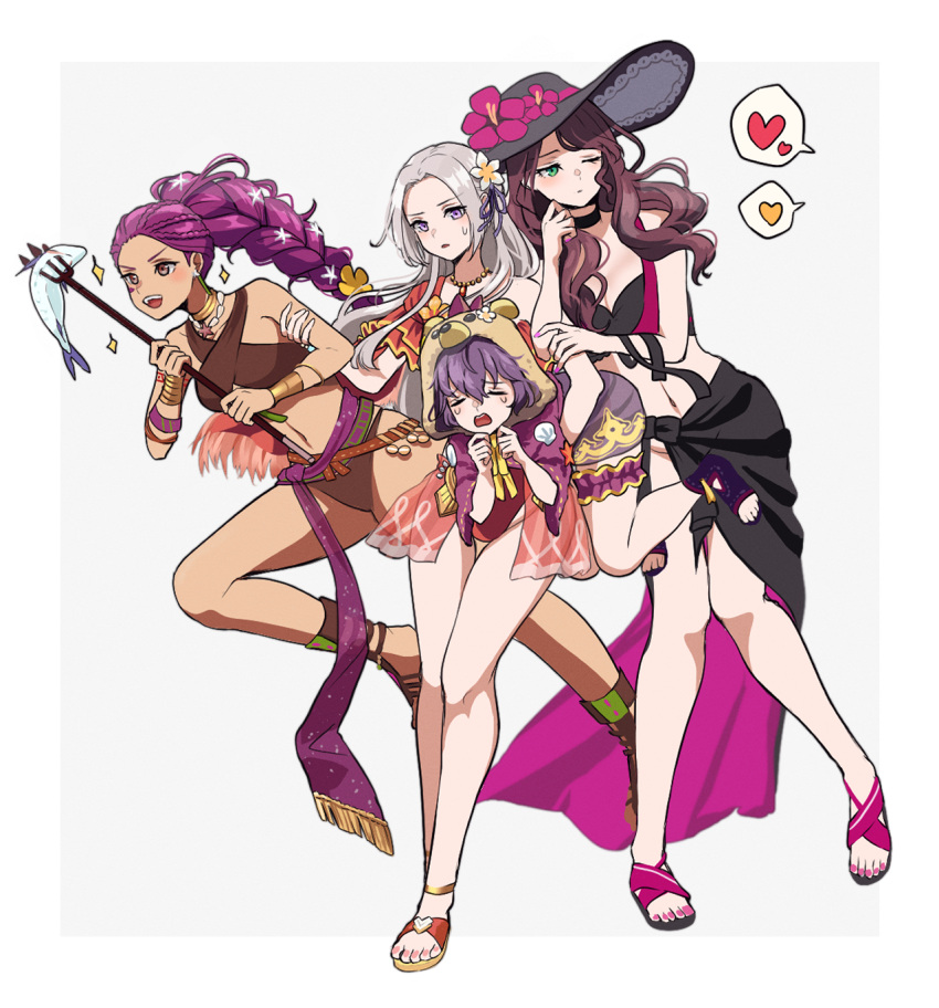 4girls arm_around_waist armlet bare_arms bare_legs bare_shoulders bernadetta_von_varley bernadetta_von_varley_(summer) bikini black_bikini black_choker braid braided_ponytail brown_bikini brown_hair choker closed_eyes commentary commentary_request crying dark-skinned_female dark_skin dorothea_arnault dorothea_arnault_(summer) dress edelgard_von_hresvelg edelgard_von_hresvelg_(summer) fire_emblem fire_emblem:_three_houses fire_emblem_heroes flower friends frilled_bikini frills from_side green_eyes grey_background hair_between_eyes hair_flower hair_ornament hair_ribbon hand_on_another's_arm hands_up hat heart high_ponytail highres holding jewelry knees_together_feet_apart light_blush locked_arms long_braid long_hair looking_to_the_side multiple_girls navel necklace nieto_tokage off_shoulder official_alternate_costume one-piece_swimsuit one_eye_closed open_mouth parted_bangs petra_macneary petra_macneary_(summer) pink_nails ponytail purple_bikini purple_dress purple_hair purple_ribbon red_one-piece_swimsuit ribbon sandals sarong short_hair side_slit simple_background spoken_heart spoken_sparkle standing stomach sweatdrop swimsuit symbol-only_commentary tearing_up teeth thigh_gap thighlet thighs upper_teeth_only wavy_hair white_flower white_hair