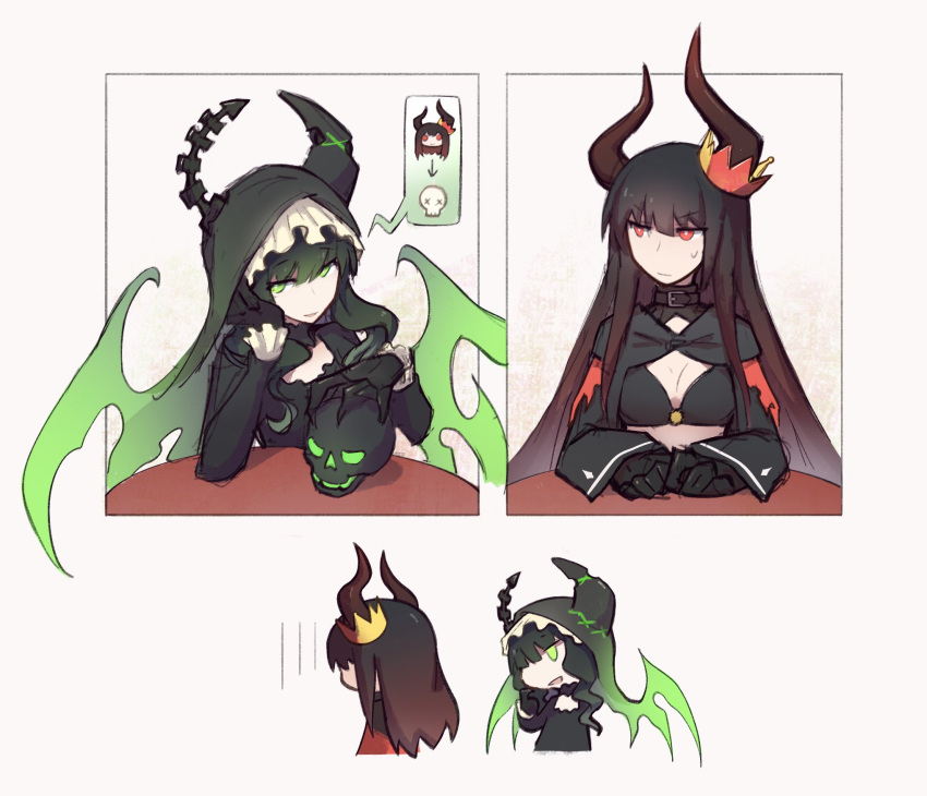 2girls asymmetrical_horns black_bra black_dress black_gold_saw black_hair black_rock_shooter_arcana black_veil bra chibi claws crown dead_master demon_horns demon_wings dress green_eyes green_wings highres horns long_sleeves mechanical_hands mehyuew39 mismatched_horns multiple_girls red_eyes skull sweatdrop underwear uneven_horns veil wings