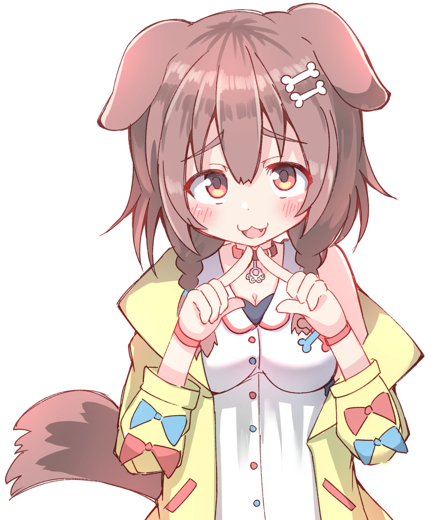 :3 :d absurdres animal_ears blush bone_hair_ornament braid breasts brown_hair cartoon_bone cleavage collar commentary_request dog_ears dog_girl dog_tail dress female hair_ornament hair_over_shoulder highres hololive inugami_korone inugami_korone_(1st_costume) jacket long_hair looking_at_viewer low_twintails medium_breasts oerba_yun_fang off_shoulder open_clothes open_jacket red_collar red_eyes simple_background sleeveless sleeveless_dress smile solo tail twin_braids twintails umberblack upper_body virtual_youtuber white_background white_dress yellow_jacket