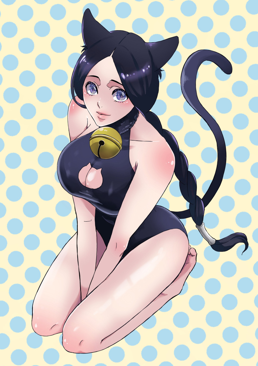 absurdres alternate_costume alternate_hairstyle animal_ears anno_im bare_legs bare_shoulders barefoot bell black_hair black_one-piece_swimsuit bleach blue_eyes blush braid braided_ponytail breasts cat_cutout cat_ears cat_girl cat_tail cleavage cleavage_cutout closed_mouth clothing_cutout collarbone commentary_request curvy eyelashes female forehead from_above full_body highres jingle_bell kemonomimi_mode large_breasts lips long_hair looking_at_viewer mature_female neck_bell one-piece_swimsuit parted_bangs polka_dot polka_dot_background seiza simple_background sitting smile solo swimsuit tail tail_raised thighs unohana_retsu upturned_eyes v_arms very_long_hair