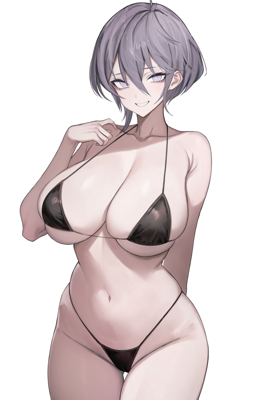 absurdres alternate_costume arm_behind_back ass_visible_through_thighs azur_lane bellona_(azur_lane) bikini black_bikini breasts commentary commission cowboy_shot eyelashes female grey_hair hair_between_eyes highres large_breasts looking_at_viewer micro_bikini navel parted_lips purple_eyes short_hair simple_background skeb_commission skindentation smile solo standing string_bikini swimsuit thigh_gap vxdrq white_background