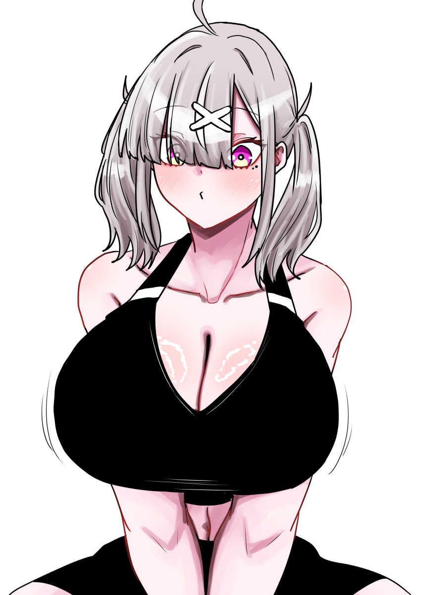 absurdres ahoge alternate_costume arms_under_breasts bare_shoulders bike_shorts black_shorts black_sports_bra blush breasts cleavage collarbone crop_top cross_hat_ornament eyes_visible_through_hair female frim_02 grey_hair hair_ornament hair_over_one_eye highres huge_breasts long_hair midriff mole mole_under_eye navel nijisanji purple_eyes shorts simple_background solo sports_bra sportswear sukoya_kana virtual_youtuber white_background x_hair_ornament