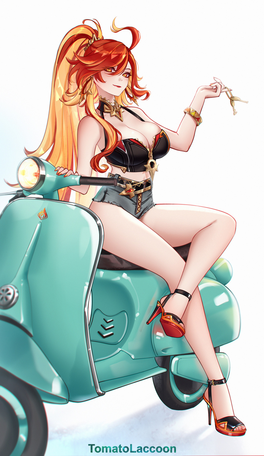 ahoge alternate_hairstyle artist_name bare_legs bare_shoulders black_shirt bracelet breasts check_vehicle cleavage closed_mouth commentary crop_top crossed_legs denim denim_shorts english_commentary female genshin_impact hair_between_eyes high-heel_priestess high-waist_shorts highres holding holding_key jewelry key large_breasts legs looking_at_viewer mavuika_(genshin_impact) midriff motor_vehicle multicolored_hair nail_polish orange_eyes orange_hair orange_nails paid_reward_available ponytail scooter shirt shorts sidelocks sitting smile solo sunburst_iris toes tomatolaccoon two-tone_hair