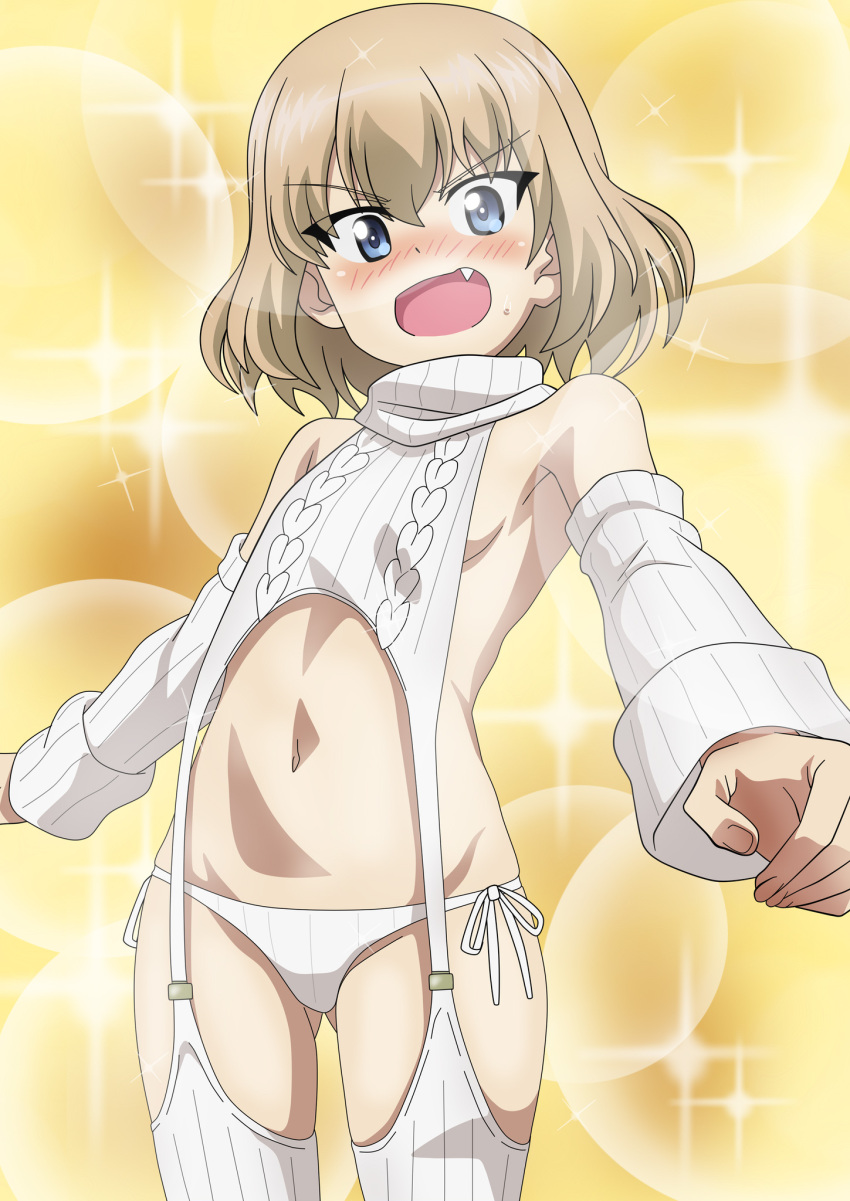 blonde_hair blue_eyes blush breasts female girls_und_panzer highres katyusha_(girls_und_panzer) looking_at_viewer meme_attire navel no_bra oerba_yun_fang open_mouth panties riokasen short_hair side-tie_panties sideboob simple_background small_breasts solo sweater turtleneck turtleneck_sweater underwear virgin_destroyer_sweater virgin_killer_outfit virgin_killer_sweater white_panties white_sweater