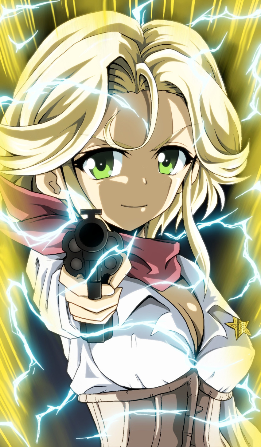 absurdres aiming aiming_at_viewer aura bandana blonde_hair breasts cleavage closed_mouth collared_shirt commentary cow_girl dragon_ball dragon_ball_z electricity female girls_und_panzer green_eyes grin gun handgun highres holding holding_gun holding_weapon jane_(girls_und_panzer) kamishima_kanon long_sleeves looking_at_viewer medium_breasts no_headwear red_bandana revolver shirt short_hair smile solo star_(symbol) super_saiyan super_saiyan_2 underbust upper_body weapon white_shirt