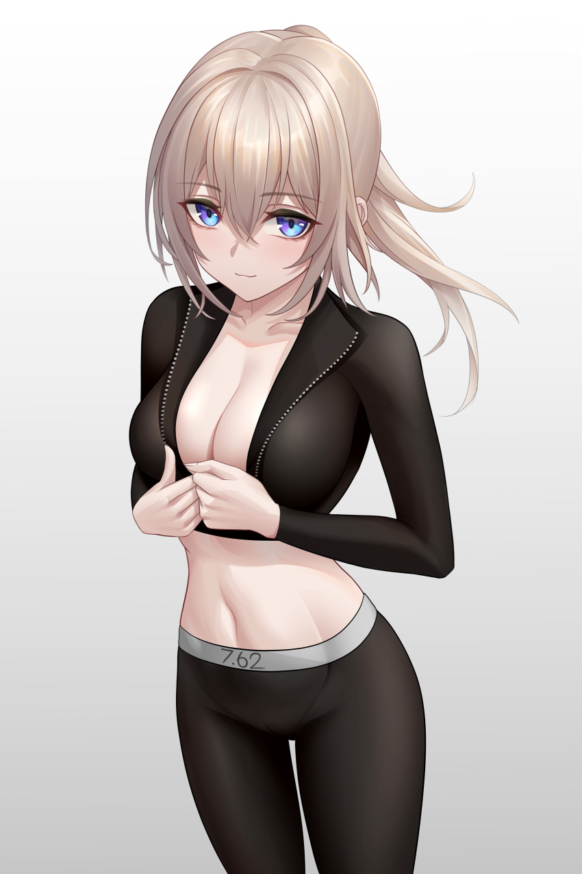 absurdres alternate_costume black_jacket black_leggings black_pants blonde_hair blue_eyes breasts cleavage closed_mouth collarbone commentary constantine-xii cropped_jacket feet_out_of_frame female girls'_frontline hands_on_own_chest highres jacket leggings light_blush long_hair long_sleeves looking_at_viewer medium_breasts navel pants scar-h_(girls'_frontline) short_ponytail smile solo sportswear standing stomach track_jacket white_background yoga_pants