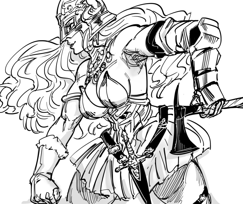 axe bad_id bb_(baalbuddy) belt berserker_(tactics_ogre) big_hair breasts cowboy_shot dagger elbow_gloves fake_horns female floating_hair from_side gauntlets gloves greyscale hatchet_(axe) helmet highres holding horned_helmet horns inactive_account knife medium_breasts monochrome profile simple_background skirt smile solo tactics_ogre weapon white_background