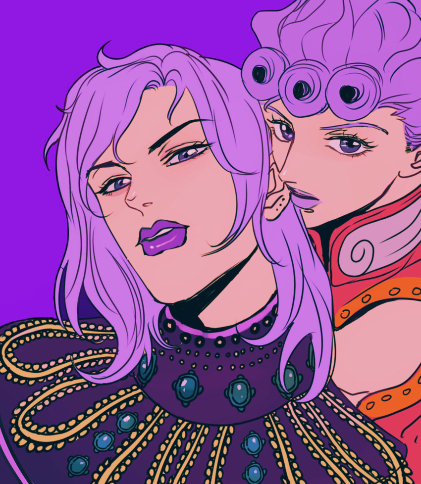 2boys alternate_color alternate_costume commentary dio_brando father_and_son giorno_giovanna highres jacket jojo_no_kimyou_na_bouken lips lipstick long_hair looking_at_viewer makeup male_focus mole mole_on_ear multiple_boys official_alternate_costume purple_background purple_eyes purple_hair purple_lips purple_theme shenshan_laolin simple_background stardust_crusaders symbol-only_commentary upper_body vento_aureo