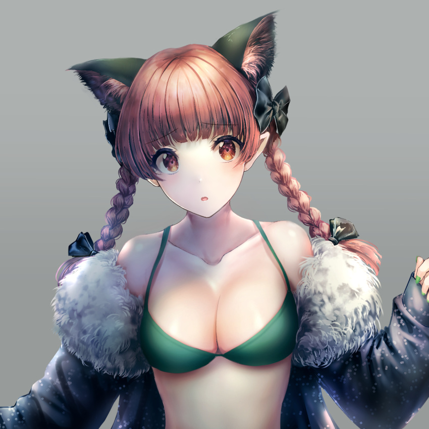 animal_ears bikini black_bow bow braid breasts brown_eyes brown_hair cat_ears coat female green_bikini grey_background hairbow hand_up highres holding kaenbyou_rin light long_hair looking_to_the_side medium_breasts open_mouth orange_eyes shadow solo swimsuit tabiji_(tabiji_s) touhou twin_braids upper_body