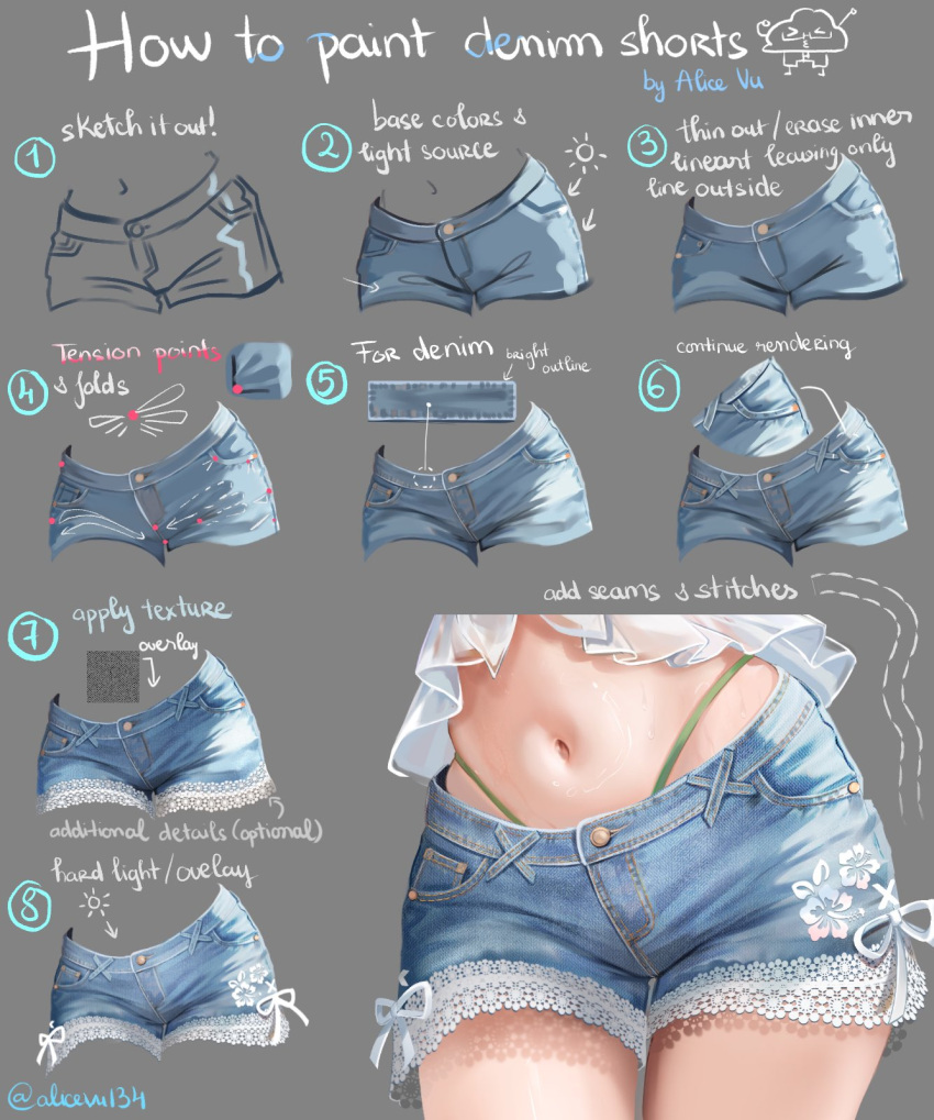 alice_vu artist_name cowboy_shot cropped_torso denim denim_shorts english_text female floral_print highleg highleg_panties highres hip_focus how_to navel original panties panty_straps ribbon seams shiny_skin shirt short_shorts shorts stomach underwear white_ribbon white_shirt