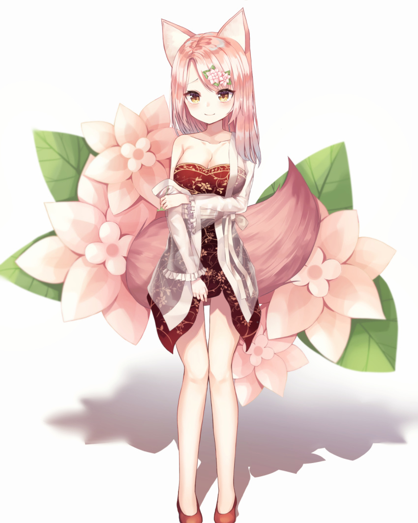 animal_ears bare_shoulders blush breasts brown_eyes brown_footwear cleavage closed_mouth collarbone commentary_request dress female flower fox_ears fox_girl fox_tail frilled_sleeves frills full_body hair_flower hair_ornament highres jacket kitsune_ga_boku_wo_matteiru kitsune_ga_boku_wo_matteiru_hana long_hair long_sleeves looking_at_viewer medium_breasts open_clothes open_jacket parted_bangs pink_flower pink_hair red_dress see-through shadow shiro_(acad1213) shoes smile solo standing strapless strapless_dress tail white_background wide_sleeves yeonhwa_(kitsune_ga_boku_wo_matteiru)