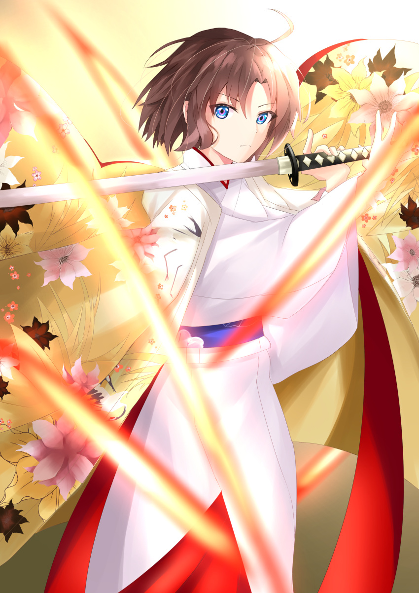 absurdres blue_eyes blurry brown_hair clematis_(flower) depth_of_field fate/grand_order fate_(series) female floral_background floral_print flower highres japanese_clothes kara_no_kyoukai katana keisuke_desu~ kimono left-handed looking_at_viewer multicolored_eyes mystic_eyes_of_death_perception obi ryougi_shiki sash short_hair solo sword weapon wide_sleeves