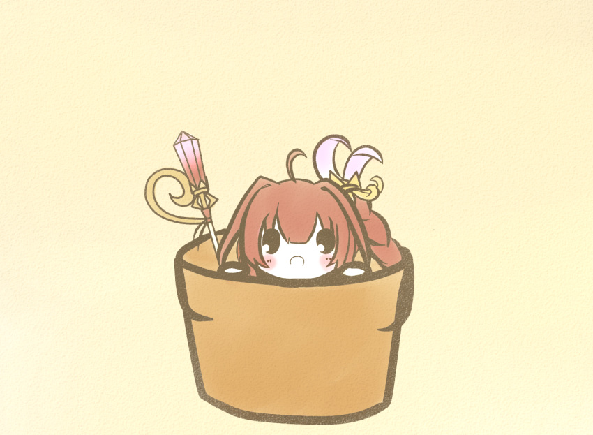 ahoge beige_background blush chibi commentary_request female flower_knight_girl flower_pot holding holding_wand in_container koti looking_at_viewer open_mouth pachira_(flower_knight_girl) partial_commentary red_hair solid_oval_eyes solo wand