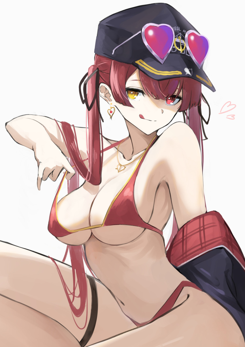 absurdres arrow_through_heart bad_id bad_twitter_id baseball_cap bikini black_coat black_hat black_ribbon breasts cleavage closed_mouth coat collarbone commentary cowboy_shot earrings eyewear_on_headwear female hair_ribbon hat heart heart-shaped_eyewear heart_earrings heart_necklace heterochromia highres hololive houshou_marine houshou_marine_(summer) hz_(helu_2) jewelry large_breasts licking_lips long_hair looking_at_viewer navel necklace off_shoulder official_alternate_costume official_alternate_hair_length official_alternate_hairstyle red_bikini red_eyes red_hair ribbon simple_background sitting smile solo stomach straight_hair sunglasses swimsuit thigh_strap thighs tongue tongue_out twintails very_long_hair virtual_youtuber white_background yellow_eyes