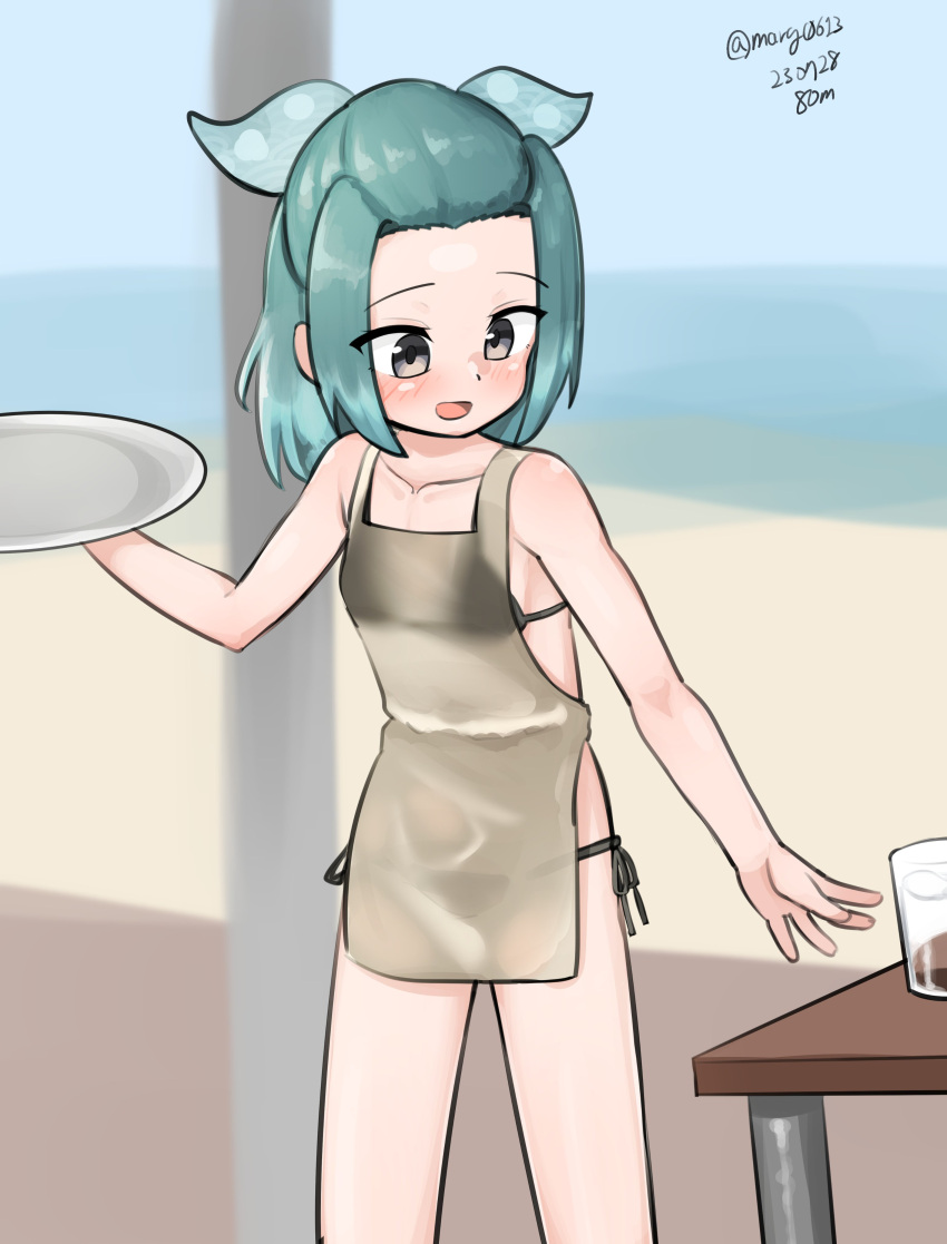 absurdres apron aqua_ribbon beach bikini black_bikini feet_out_of_frame female forehead glass gradient_hair green_eyes green_hair hair_ribbon half_updo highres horizon kantai_collection maru_(marg0613) medium_hair multicolored_hair nearly_naked_apron ocean one-hour_drawing_challenge polka_dot polka_dot_ribbon ribbon see-through_apron side-tie_bikini_bottom solo string_bikini suzunami_(kancolle) swimsuit table tray white_apron