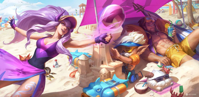 2boys abs arm_tattoo armpits bad_source ball beach beachball beard breasts caitlyn_(league_of_legends) cleavage closed_eyes cloud cloudy_sky coconut compression_shirt crab cup drinking_straw facial_hair feet_out_of_frame female fingerless_gloves food fruit fruit_cup gloves goggles goggles_on_head hat heimerdinger horns jacket jarvan_iv_(league_of_legends) jewelry league_of_legends leg_tattoo lemon lemon_slice lifeguard lifeguard_tower long_hair looking_to_the_side lying messy_hair moustache multiple_boys muscular muscular_male necklace nipples official_art on_back open_clothes open_jacket open_mouth outdoors pectorals pointy_ears ponytail pool_party_caitlyn pool_party_heimerdinger pool_party_jarvan_iv pool_party_syndra pool_party_zoe poro_(league_of_legends) purple_eyes purple_hair sand sand_castle sand_sculpture shorts skirt sky sleeveless smile smirk sunglasses surfboard swimsuit syndra tattoo teeth tongue umbrella unzipped volleyball water_gun west_studio white_hair yordle zoe_(league_of_legends)