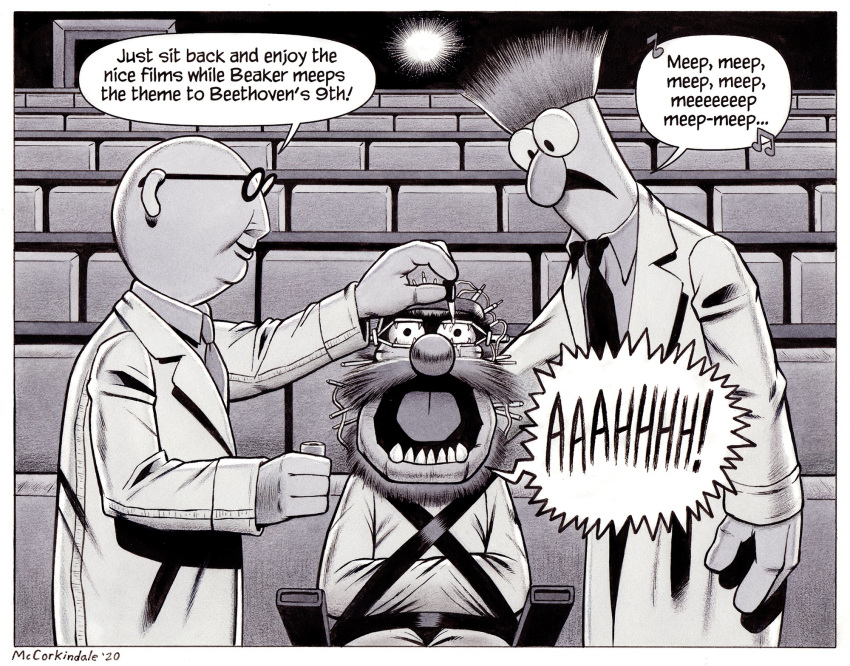 2020 4_fingers a_clockwork_orange alex_delarge animal_(muppets) anthro bald beaker_(muppets) beard big_nose black_and_white border bruce_mccorkindale bunsen_honeydew clothing coat crossover english_text eye_drops eye_speculum eye_torture eyebrows eyes_forced_open eyewear facial_hair fingers glasses greyscale group hair hi_res humanoid lab_coat male monochrome monster moustache movie_seat movie_theater muppet muppets musical_note necktie open_mouth parody restraints screaming shirt signature singing speech_bubble spiky_hair stanley_kubrick straitjacket teeth text the_muppet_show topwear unibrow white_border wide_eyed