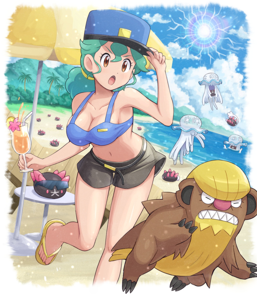 absurdres alternate_costume beach beach_umbrella blue_headwear breasts brown_eyes cleavage cloud collarbone commentary_request cup day drinking_straw eyelashes female food fruit glass green_hair gumshoos hair_between_eyes hand_on_headwear hat highres holding holding_cup jenny_(pokemon) knees leaning_forward leg_up lemon lemon_slice liquid long_hair navel nihilego open_mouth outdoors palm_tree pokemoa pokemon pokemon_(anime) pokemon_(creature) pokemon_sm_(anime) pyukumuku sand sandals shore short_shorts shorts sky standing sunglasses table tied_hair toes tongue tree umbrella water yellow_footwear